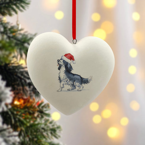Sprocker Black & White in Santa Hat Christmas Heart Bauble
